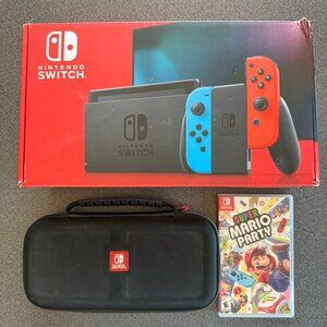 Nintendo Switch with Neon Blue & Neon Red Joy-Con (Case & Mario Party Included)